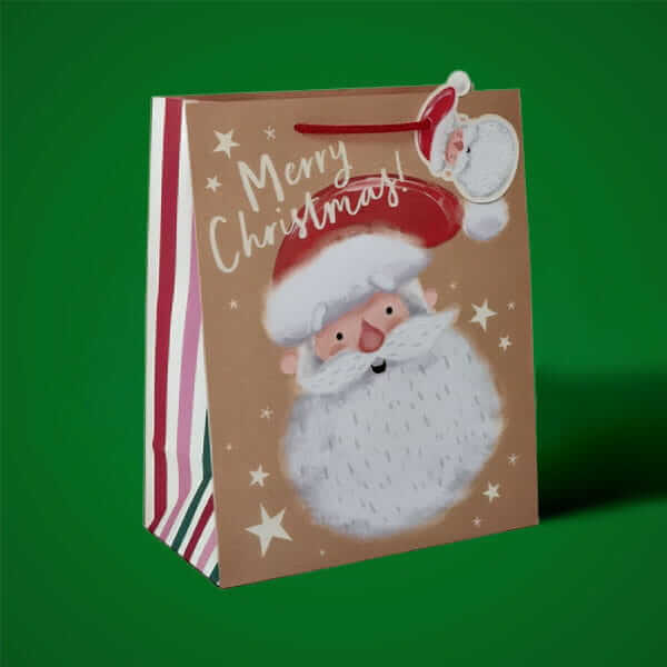 Christmas gift bag featuring a festive Santa illustration and Merry Christmas message, displayed against a green background.
